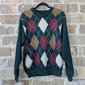 VTG 80s LizSport Cotton Argyle Crew Neck Sweater Small Green Academia Preppy